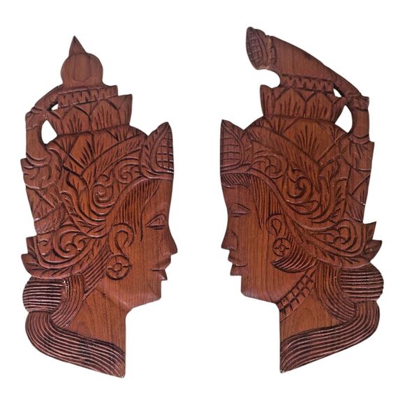 Vintage Set Hand carved Balinese Surwood Rama & Sita Hindu Profiles in Relief
